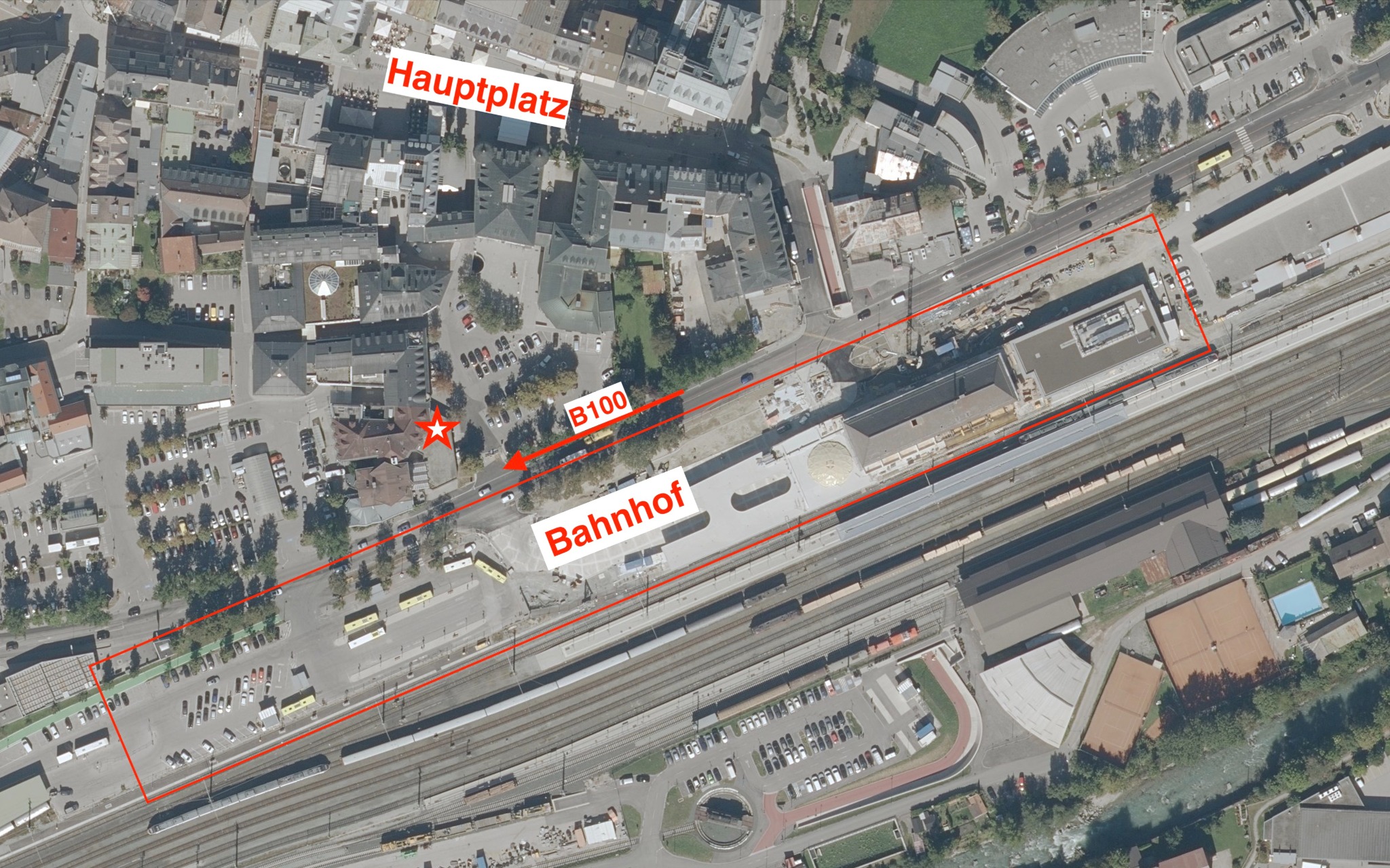 Luftbild mit der Lage der Geschäftsfläche Tiroler Straße 30